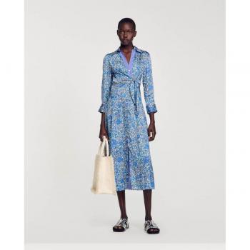 Sandro Satin Floral Midi Shirt Dress - Blue White - Size 36 FR/4 US