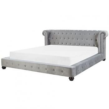 Cama de Agua Matrimonial 180 x 200 cm de Terciopelo Gris Claro con Cabecera Botonada Cavaillon