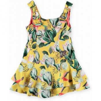 Vestido estampado de niña con falda de volantes al bies