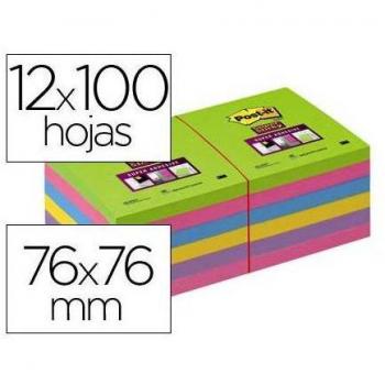 Post-it Super Sticky Notes 654-12SSUC, Bloc de Notas Adhesivas Quita y Pon, 76 x 76 mm, Colores Surtidos (Amarillo, Azul Mediterráneo, Fucsia