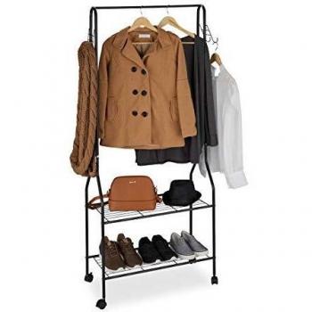 Perchero Ruedas Metal Negro con 2 Estantes para Zapatos y Bolsos, Organizador Multifuncional 161 x 68 x 33,5 cm