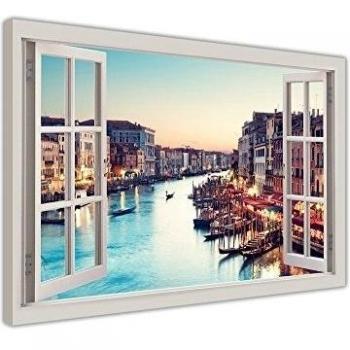 Puesta de sol sobre Venecia río con marco Prints lienzo arte moderno decoración del hogar 3d efecto ventana 38 mm de grosor marco, lona, 02- A3 - 16 X 12