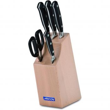 Conjunto de Cuchillos Arcos Serie Riviera, 5 Piezas con Tijeras, Hoja de Acero Inoxidable Forjado Nitrum y Mango de Polioximetileno en Bloque de Madera Marrón