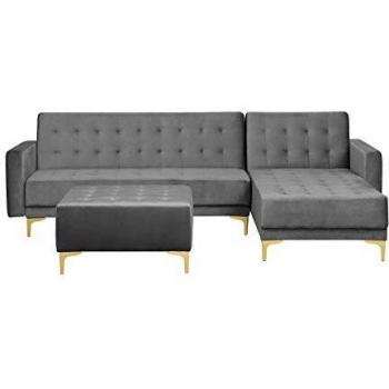 Sofá Esquinero Modular de 4 Plazas con Reposapiés en Terciopelo Gris, Chaise Longue Izquierda