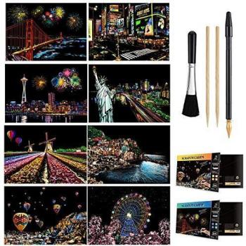 Wbeng Scratch & Sketch Art Paper A4 para niños y Adultos, Rainbow Painting Night View Art & Craft, 8 Hojas de Scratch Cards y Scratch Drawing Pen, Clean Brush