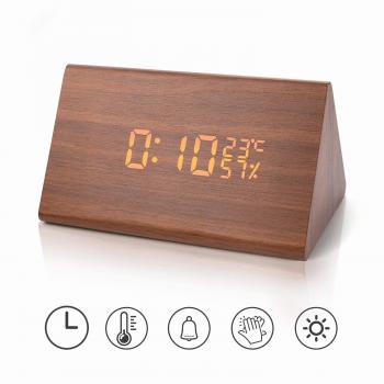 Reloj despertador Reloj digital de madera Triángulo LED Reloj de escritorio de alarma de madera con fecha y temperatura Control táctil por voz para niños adolescentes Hogar Dormitorios Oficina