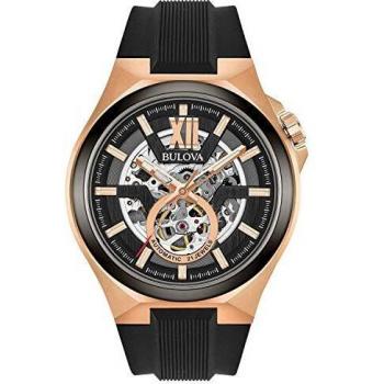 Reloj Automático para Hombre Bulova Classic 98A177, Esfera Esqueleto, 46mm, Resistente al Agua 10ATM, Correa de Silicona Negra