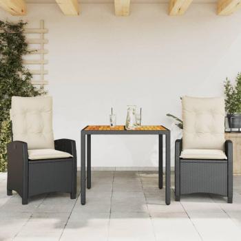 3-Piece Black Poly Rattan Garden Dining Set with Cushions