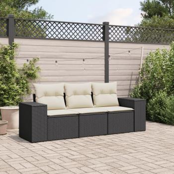 3-Piece Black Poly Rattan Garden Sofa Set with Cushions