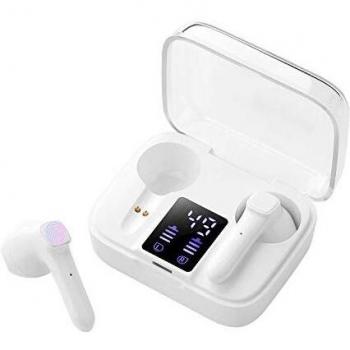 Auriculares Inalámbricos Bluetooth 5.0, Mini Auriculares Bluetooth Sin Cable Sport Cascos con Estuche de Carga de micrófono Sonido Estéreo LED Pantalla/para iPhone Android TV Tablets-Blanco