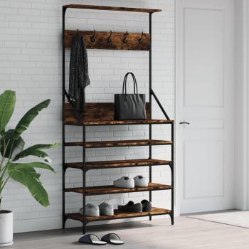 Perchero con Zapatero VidaXL, Soporte para Ropa y Estantes de Zapatos, Color Gris Sonoma, Negro y Roble Ahumado, Dimensiones 90x34x184 cm