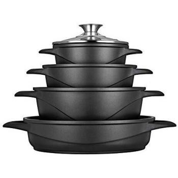 Smile Classic MGK17-Batería Inducción 8 Piezas, 4 ollas, Tapas de Vidrio Templado, Revestimiento Antiadherente, Apta para Todo Tipo de Cocinas, Libre PFOA, Aluminio Fundido