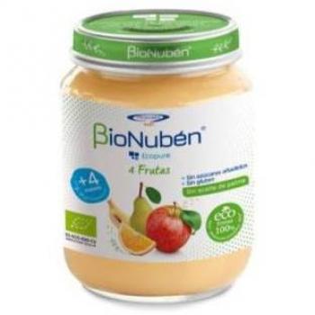 BioNubén Ecopuré 4 Frutas 200g - Puré de frutas ecológico, mezcla de cuatro frutas, sin azúcares añadidos, sin conservantes ni colorantes, envase de 200 gramos