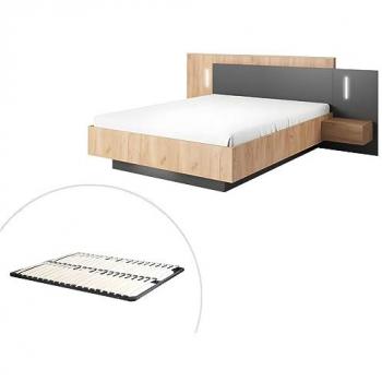 Cama con mesas de noche 160 x 200 cm - 2 cajones - Con LEDs - Color: natural y antracita + Somier - FRANCOLI