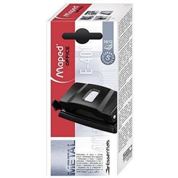 Maped - Perforadora de Papel - Essentials Metal 10/12 Hojas con 2 Agujeros- Agujeador de Papel con Regleta Multi Formatos - Tapa para Vaciar Confetis - Distancia de 80 mm entre Anillas - Color Negro