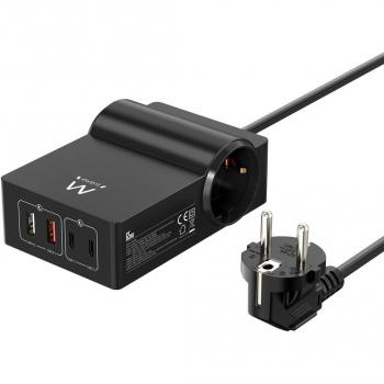 Ewent EW3992 Estación de Carga USB GAN Fast 65W con 1.5m Cable, 2 Salidas AC y 4 Puertos USB (2 Tipo A, 2 Tipo C) Interior Negro