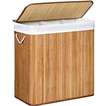 Cesto de ropa sucia de 150 l con 3 clasificadores, de bambú, tapa con clips, asas, plegable, bolsa interior extraíble y lavable, para lavandería y dormitorio, color natural