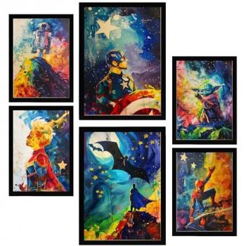 Set de 6 Pósters de Superhéroes para Decorar Paredes - Ilustraciones A3 y A4 Sin Marco