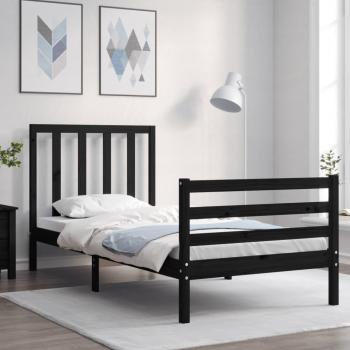 Cama de madera maciza con cabecero negro 90x200 cm