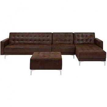 Sofá Esquinero Cama Modular 5 Plazas Marrón Piel Sintética con Otomana Chaise Longue Izquierda Aberdeen