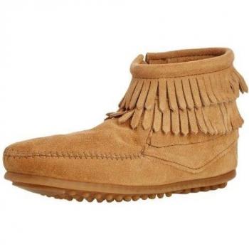 Minnetonka Double Fringe Side Zip Girls' Moccasin Boots - Beige/Taupe, Toddler-Youth Size 27/28 EU
