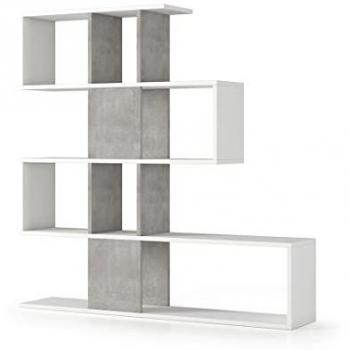 Estantería Divisoria de Madera Blanca con Inserciones de Cemento y Acabado Gris, L145cm