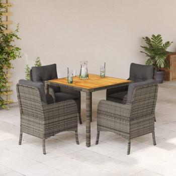 5-Piece Grey Poly Rattan Garden Dining Set with Cushions