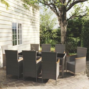 Set de comedor de jardín 9 pzas con cojines de ratán sintético gris