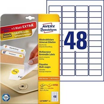 Avery L4736REV white removable laser labels, 45.7 x 21.2mm label size, 48 labels per sheet, BOX of 25 sheets