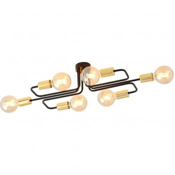 Plafón Veken 6A de Emibig Lighting, lámpara de techo de metal negro y dorado, dimensiones: altura 17 cm, longitud 73 cm, con 6 luces