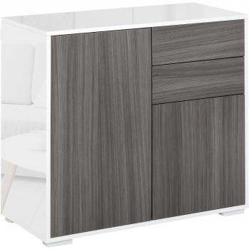 HOMCOM Aparador para Cocina con 2 Puertas y 2 Cajones, Marco Blanco Brillante, Estante Ajustable, Sistema de Apertura a Presión, Armario de Almacenamiento para Dormitorio y