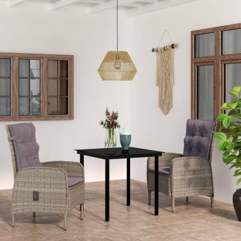 3 Piece Outdoor Dining Set with Cushions in Grey and Black