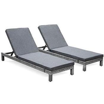 Tumbona multiposición de resina tejida, set de 2, varios tonos de grises, incluye cojines, dimensiones 195x65x84 cm