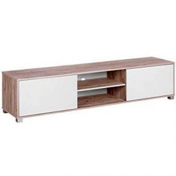 Soporte para TV Minimalista de Madera Clara y Blanco Lincoln - Hasta 81ʺ, con Gestión de Cables, 2 Estantes y 2 Gabinetes