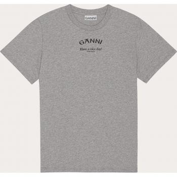 Ganni Logo Print Tee - Paloma Melange - Size: L Cotton T-Shirt