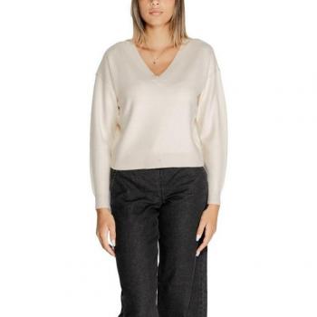 Vero Moda Women's V-Neck Knitwear - White & Beige Brushed Cotton Jumper, Size L