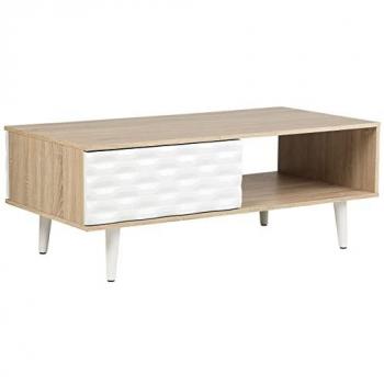 Mesa de Centro Moderna de Madera Clara y Aglomerado Blanco con 1 Cajón Swansea