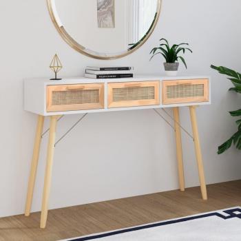 Mesa Consola de Madera de Pino Maciza y Ratán Natural 105x30x75 cm en Blanco, Negro y Marrón - Mesa de Sofá, Entrada, Recibidor y Auxiliar para Salón