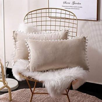 FabThing Funda de Cojín Decorativa Fundas de Almohada Rectangular Terciopelo para Sofá Silla Cama Sala de Estar Dormitorio Coche Hogar 30x50cm 2 Piezas Blanca Crema