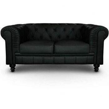 Canapé Chesterfield 2 plazas simili negro capitonné con cajones y cabecero de terciopelo gris