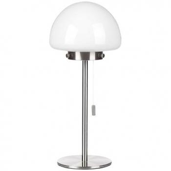 Lámpara de mesa minimalista Moruga con base de metal plateado y pantalla de vidrio, interruptor tirador, 39 cm
