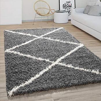 Alfombra Salón Shaggy Escandinava Moderna Gris Oscuro 140x200 cm, Diseño Rombos, Pelo Largo, Suave y Acogedora