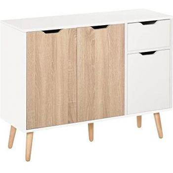 HOMCOM Aparador Auxiliar Mueble de Almacenaje de Salón con 2 Armarios con Puertas y Cajón de Madera para Sala de Estar Cocina Dormitorio 90x30x72 cm Blanco y Natural