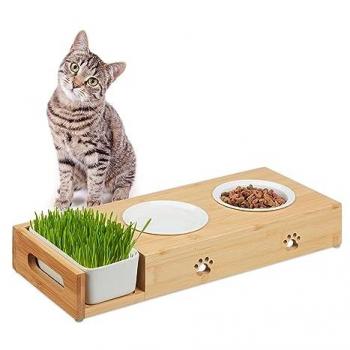 Estación de Alimentación para Gatos con Cuenco de Hierba, 2 Platos Cerámicos de 250 ml, Apto para Lavavajillas, Natural/Blanco - Relaxdays
