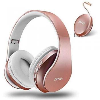 zihnic Auriculares Bluetooth Inalambricos, Cableados con Micrófono Plegables Estéreo Cascos Inalambricos Bajos Profundos para TV/PC/Teléfonos Celulares, Diadema con Orejeras Confortables-Oro Rosa