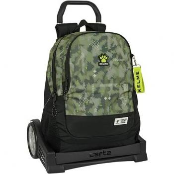 Mochila Escolar con Ruedas Kelme Travel Negro Verde, 32 x 44 x 16 cm, Espalda Ergonómica, Carro Evolution, Ideal para Niños de Diferentes Edades, Cómoda y Versátil
