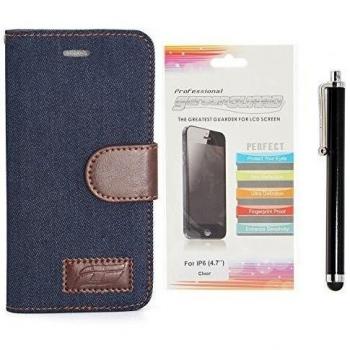 Apexel - wrap-around de mezclilla y cuero, con tarjetas de crédito, lápiz táctil de la pantalla táctil y la protección para el iPhone 6 Plus 5.5 , color: Negro, negro, 14 * 7.3 * 1.7