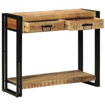 Mesa Consola Industrial de Madera Maciza de Mango y Hierro 90 x 33 x 75 cm con Estante Marrón