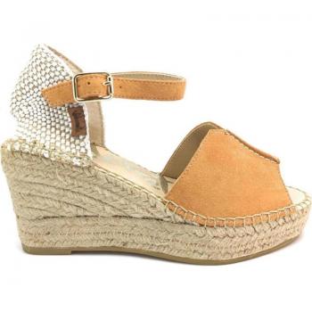 Cómoda Sandalia mujer VIDORRETA TILO 35800 de cuña de esparto natural con talonera y tira tobillera con ajuste de hebilla en suave nubuck naranja, piso antideslizante, altura