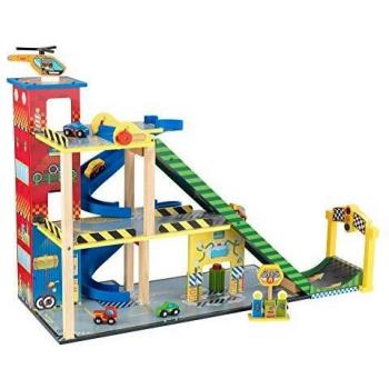 KidKraft Set de pista de carreras de madera Mega Ramp con helicóptero, 5 coches y luces, compatible con Hot Wheels y coches de juguete 63267